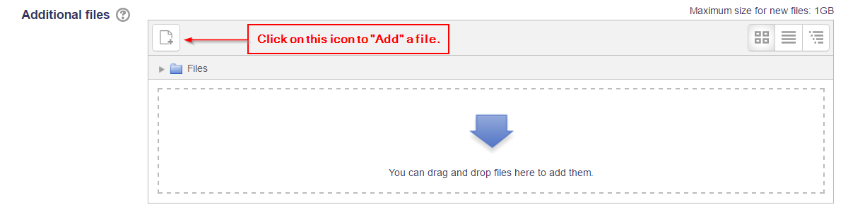 Screenshot of Additional files window with arrow and instruction of where to click on an icon to add a file